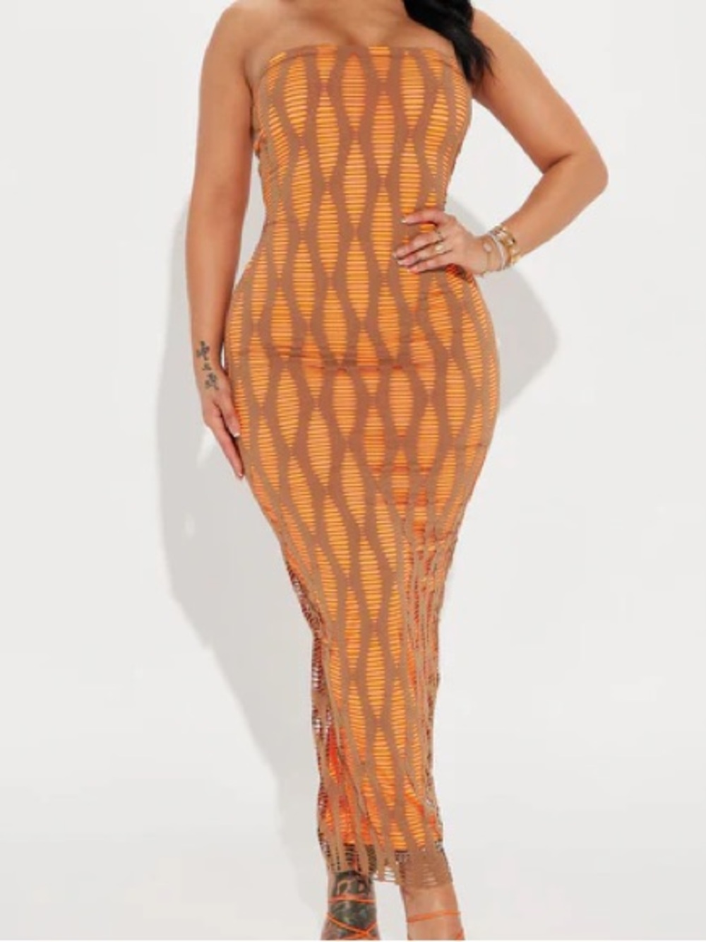 Fashion Nova Strapless Orange Wave Mesh Maxi Dress